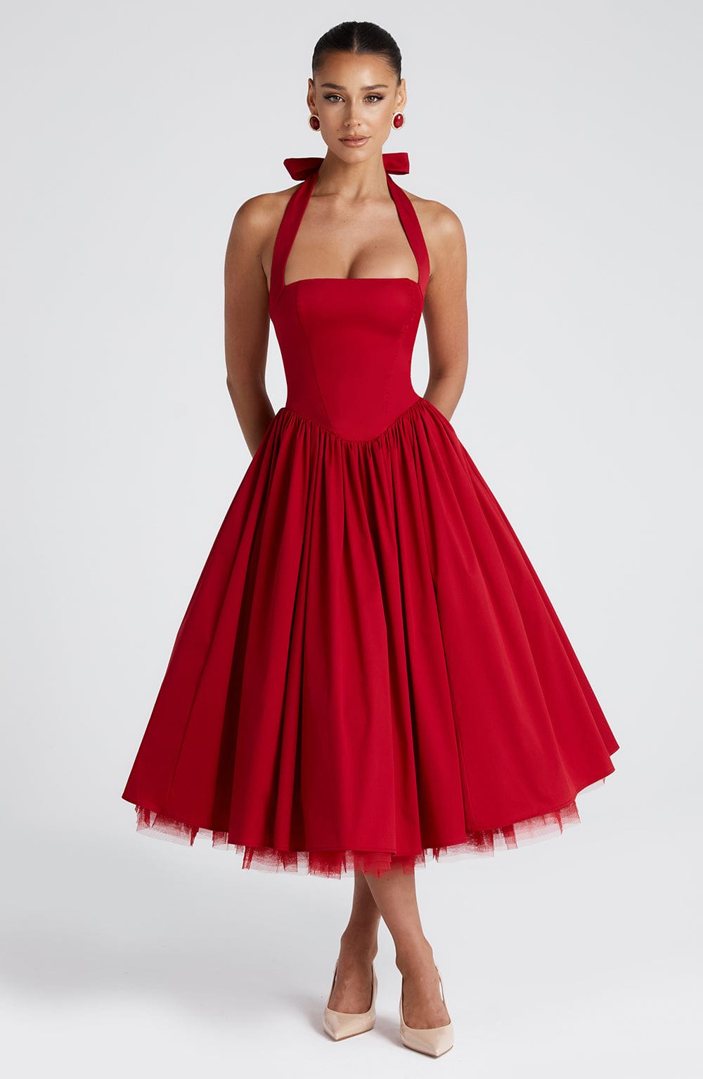Square Neck Halter Pleated Ball Skirt Tulle Hem Midi Dress 12