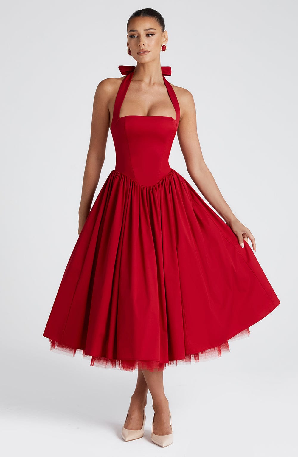 Square Neck Halter Pleated Ball Skirt Tulle Hem Midi Dress 13