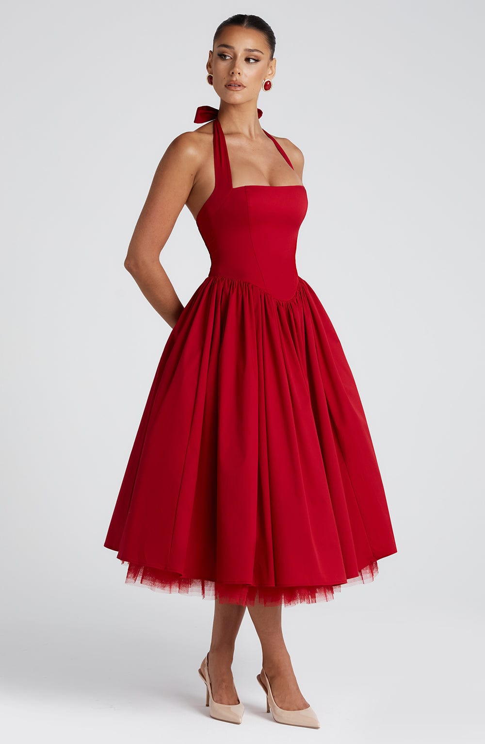 Square Neck Halter Pleated Ball Skirt Tulle Hem Midi Dress 14