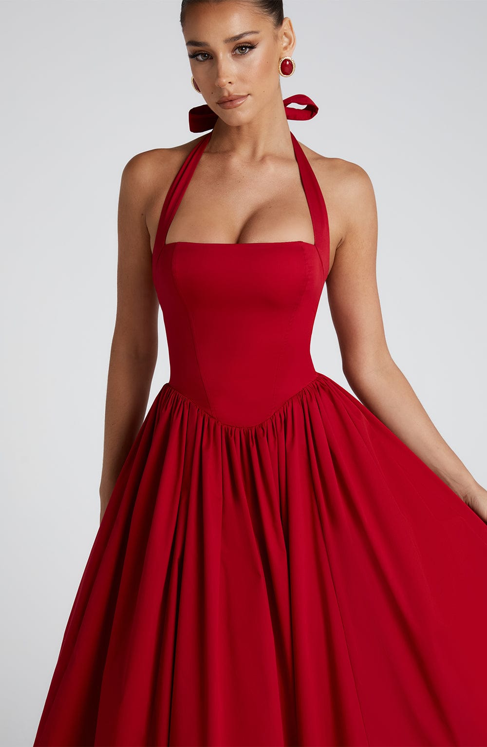 Square Neck Halter Pleated Ball Skirt Tulle Hem Midi Dress 15
