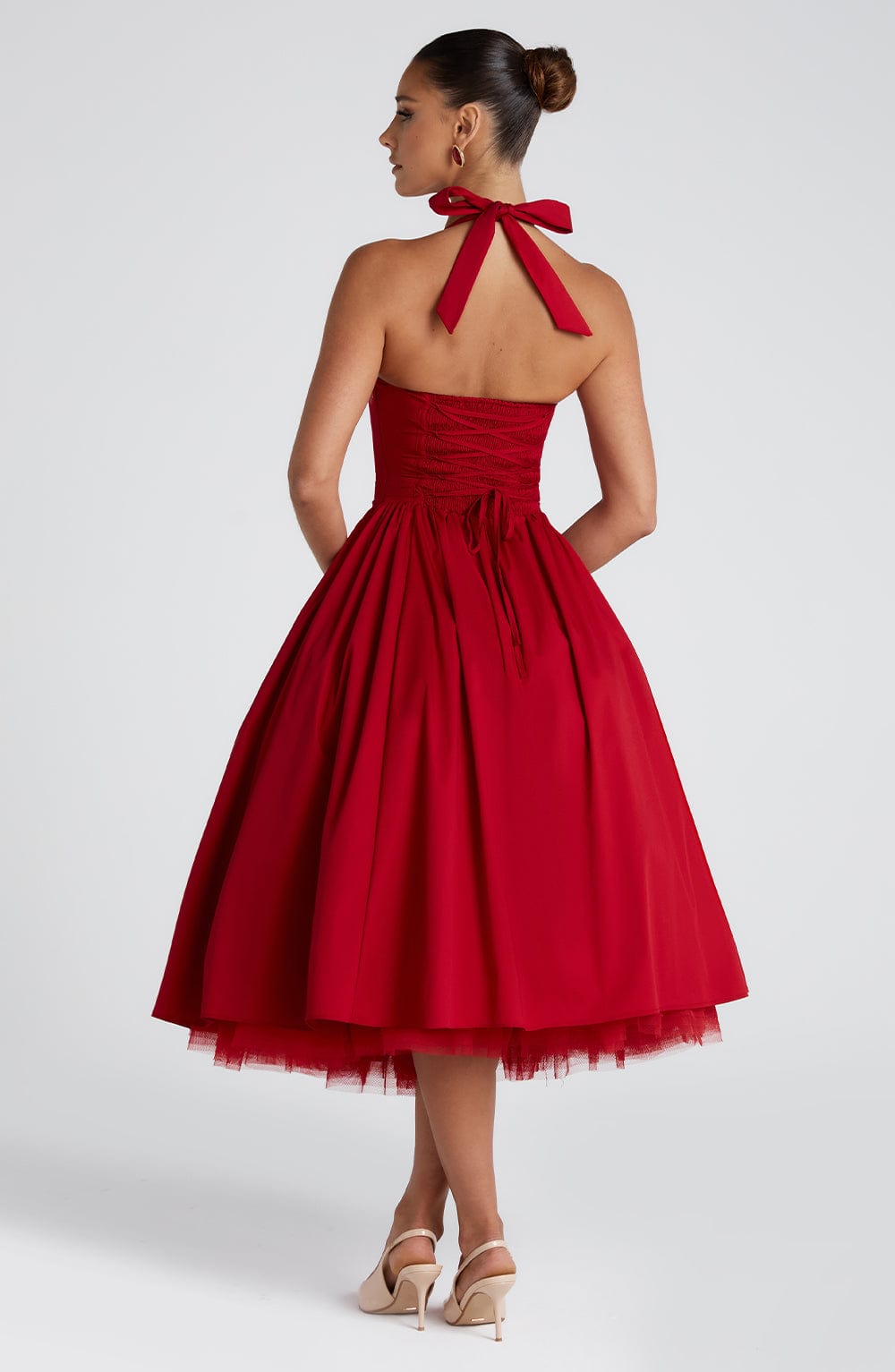 Square Neck Halter Pleated Ball Skirt Tulle Hem Midi Dress 16