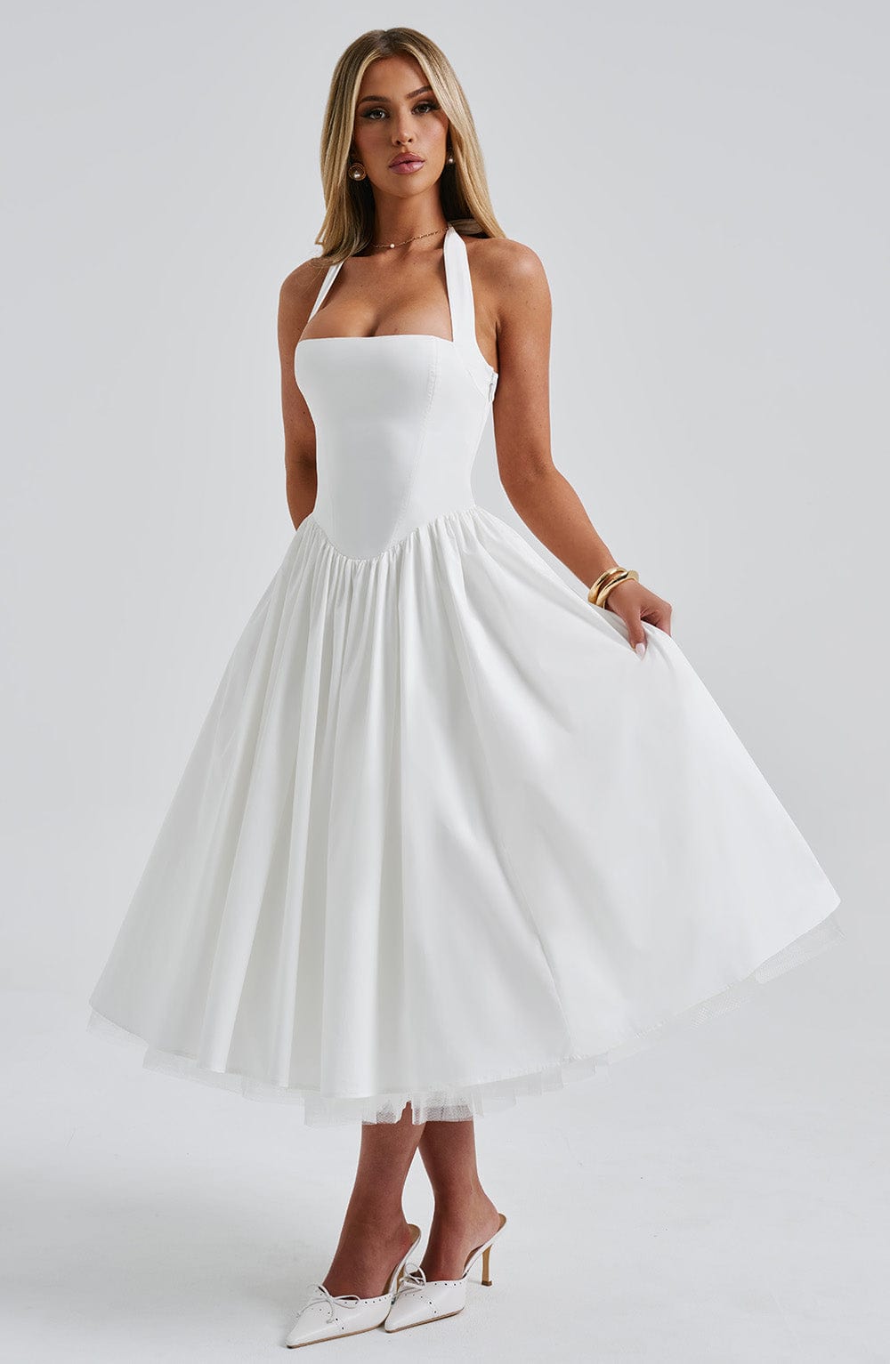 Square Neck Halter Pleated Ball Skirt Tulle Hem Midi Dress 3