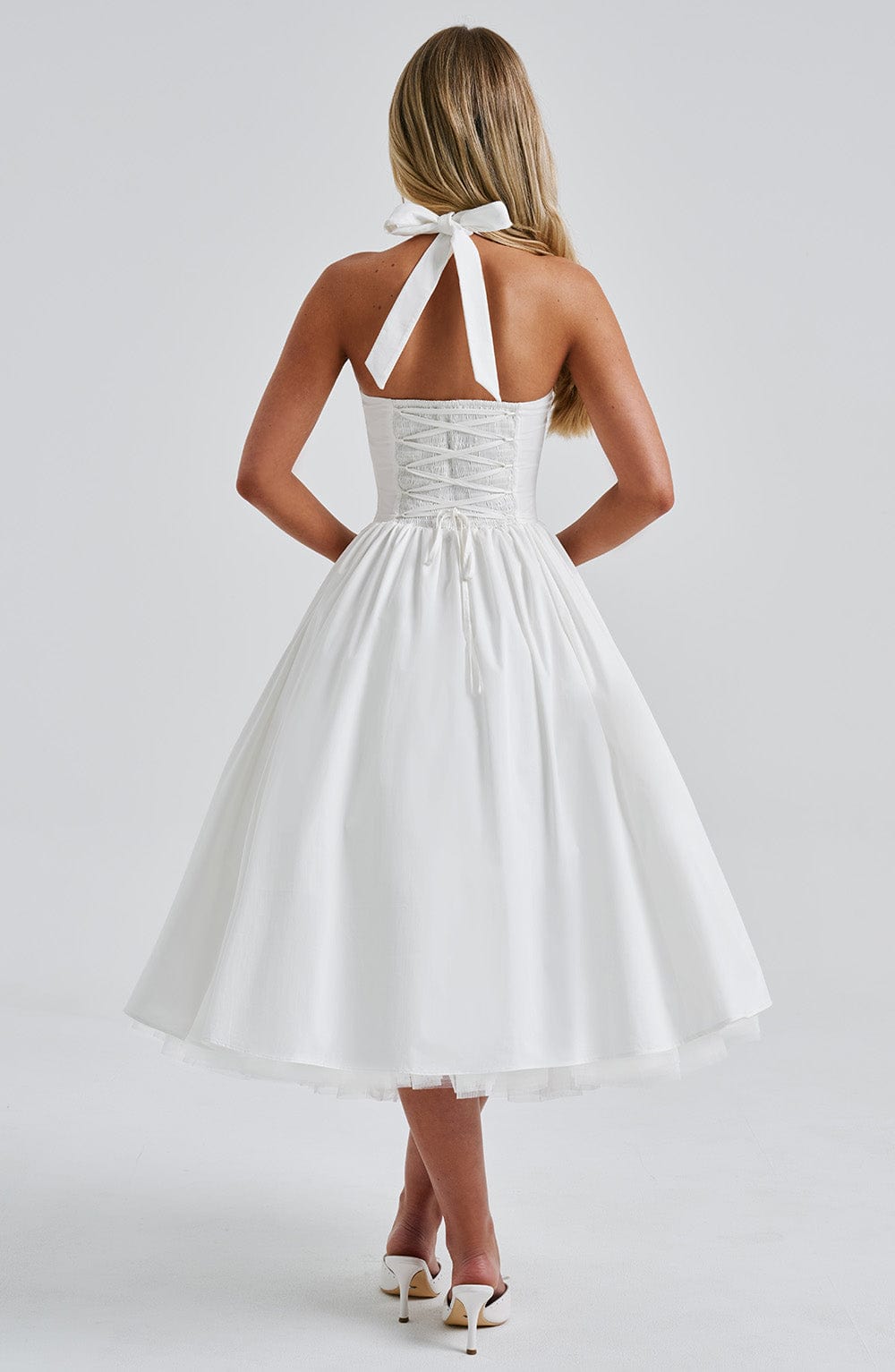 Square Neck Halter Pleated Ball Skirt Tulle Hem Midi Dress 5