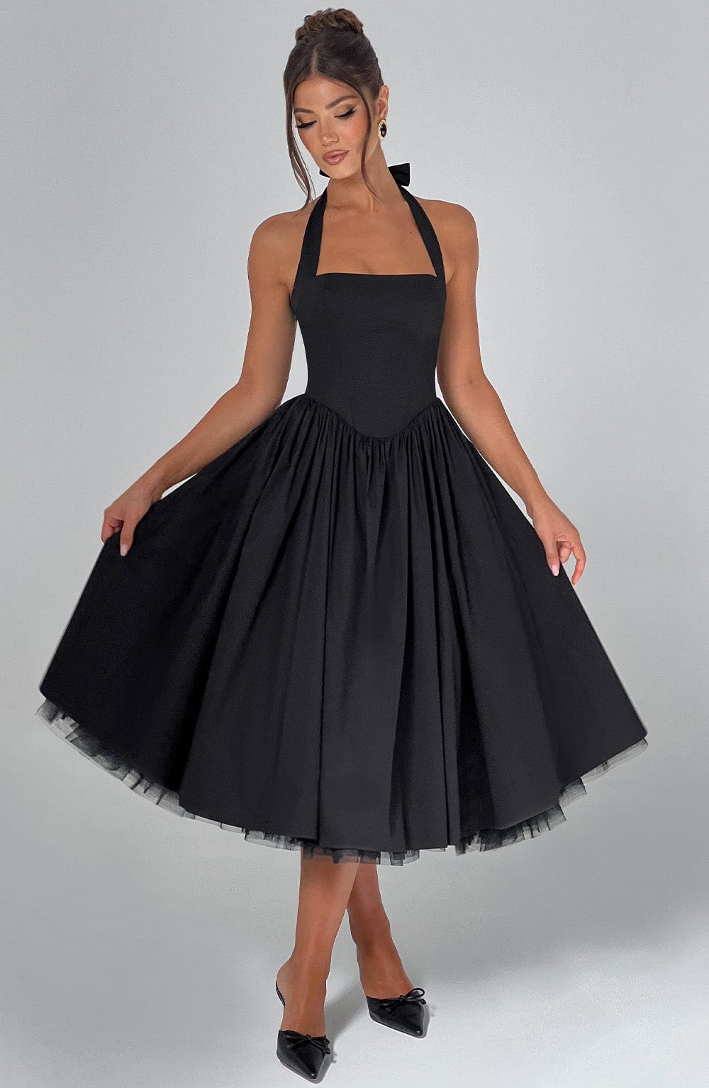 Square Neck Halter Pleated Ball Skirt Tulle Hem Midi Dress 6