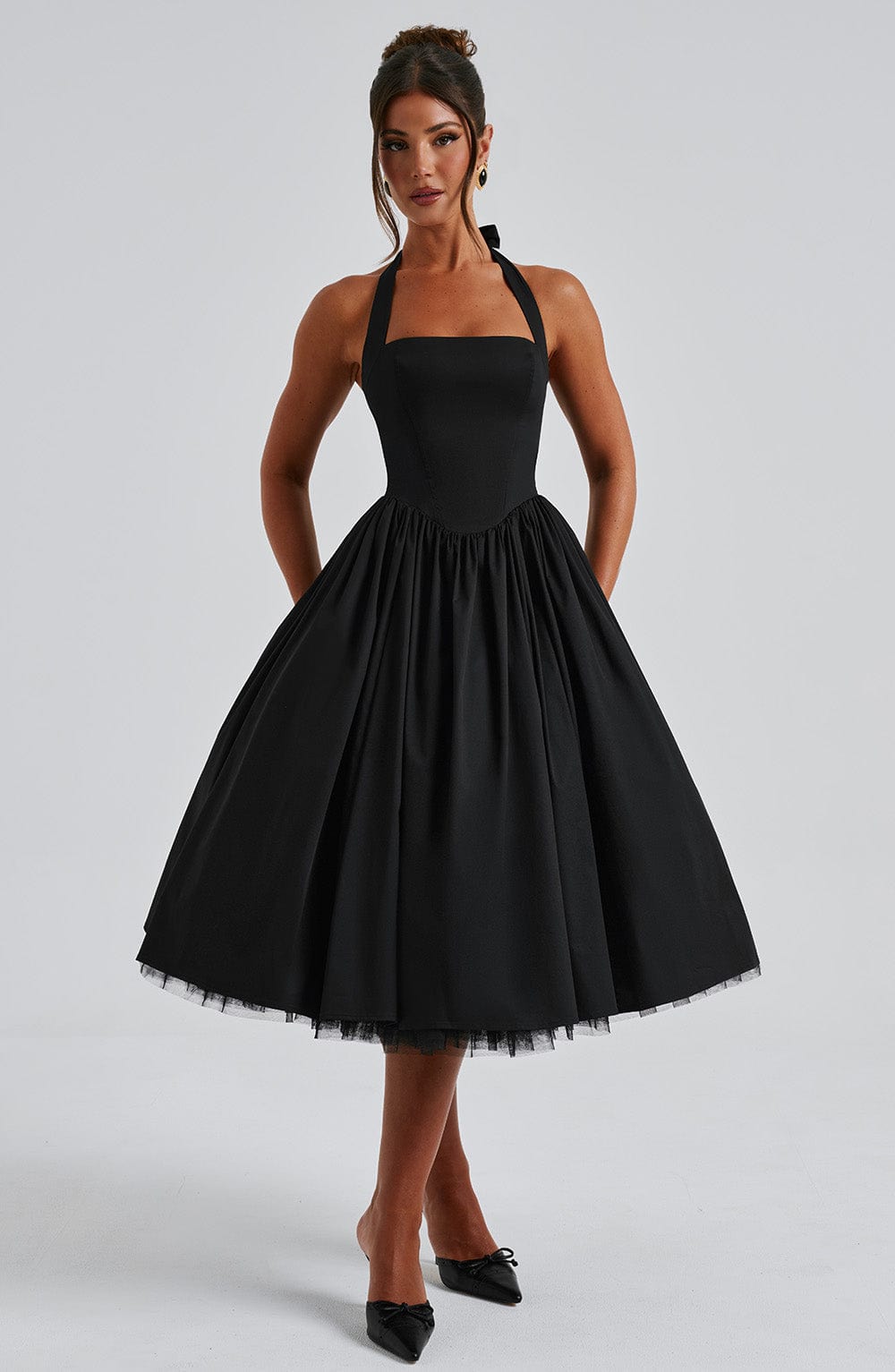 Square Neck Halter Pleated Ball Skirt Tulle Hem Midi Dress 7