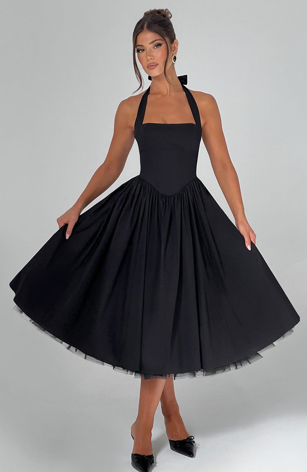 Square Neck Halter Pleated Ball Skirt Tulle Hem Midi Dress 8