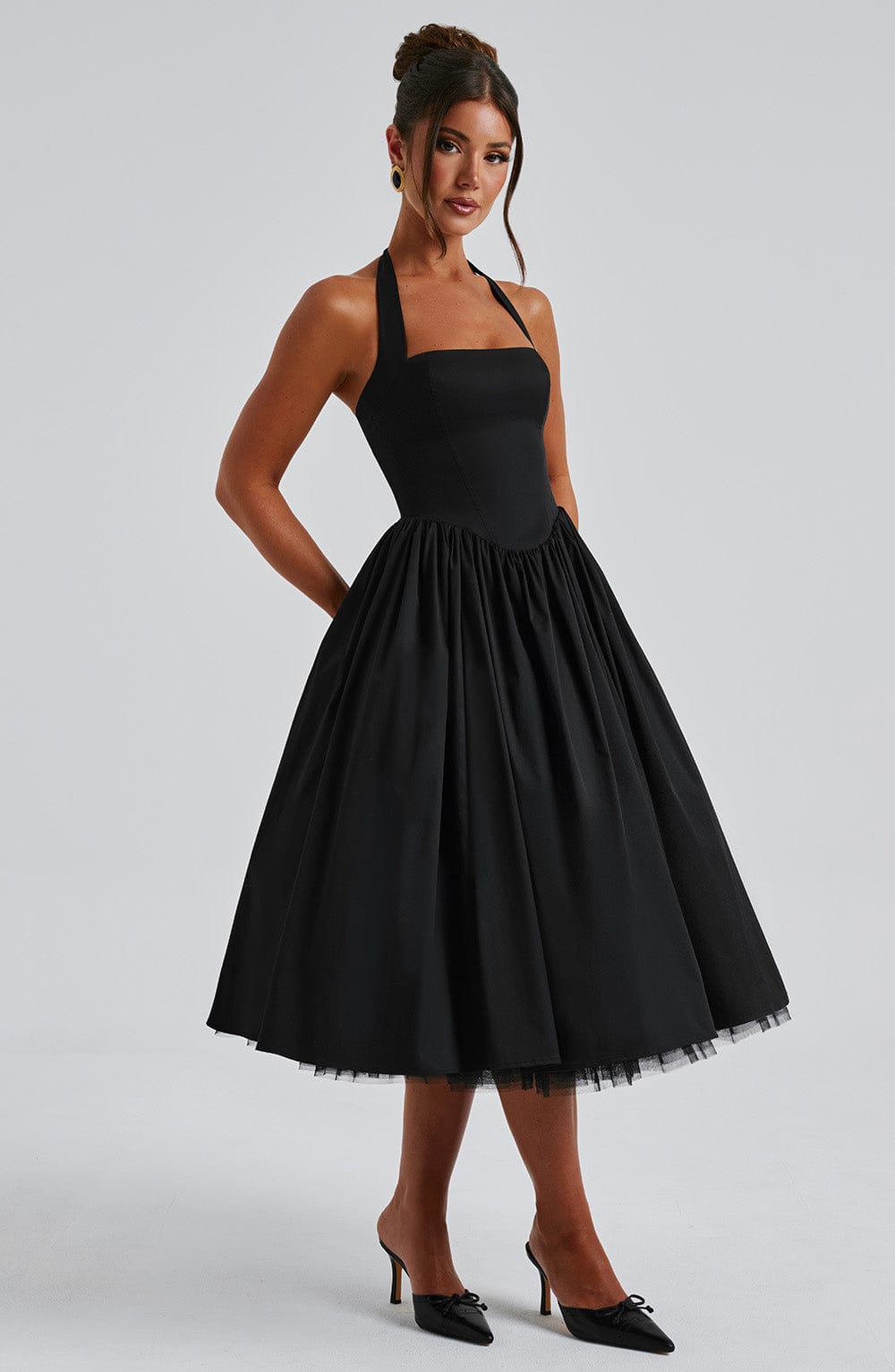 Square Neck Halter Pleated Ball Skirt Tulle Hem Midi Dress 9