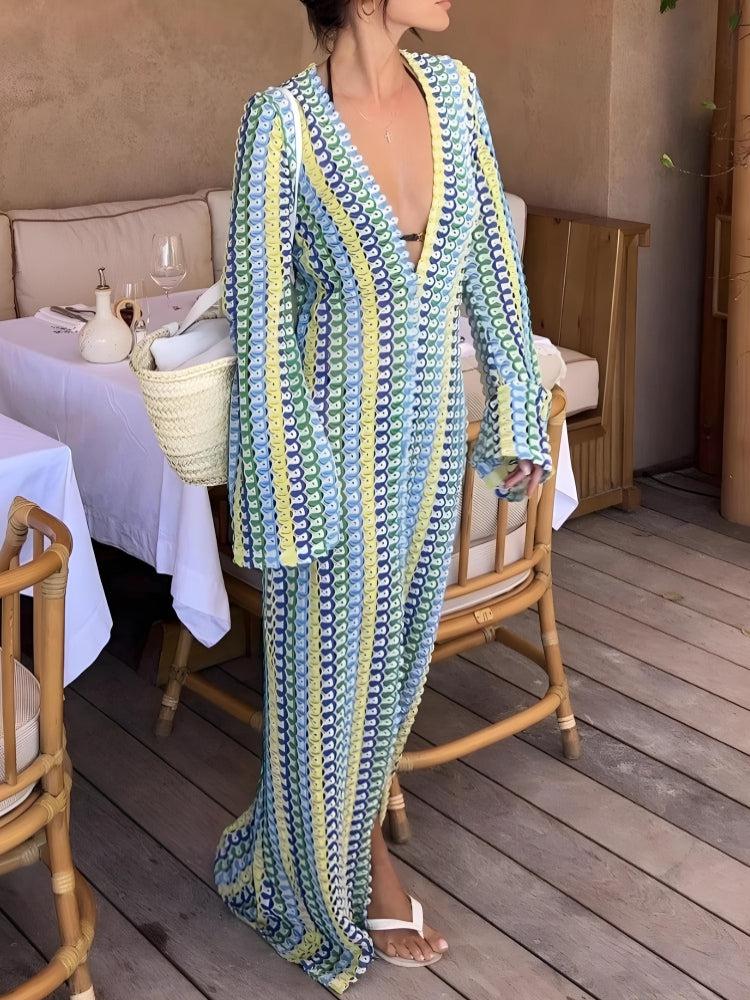 Crochet Stripe Plunge V-Neck Long Sleeve High Slit Maxi Dress 2
