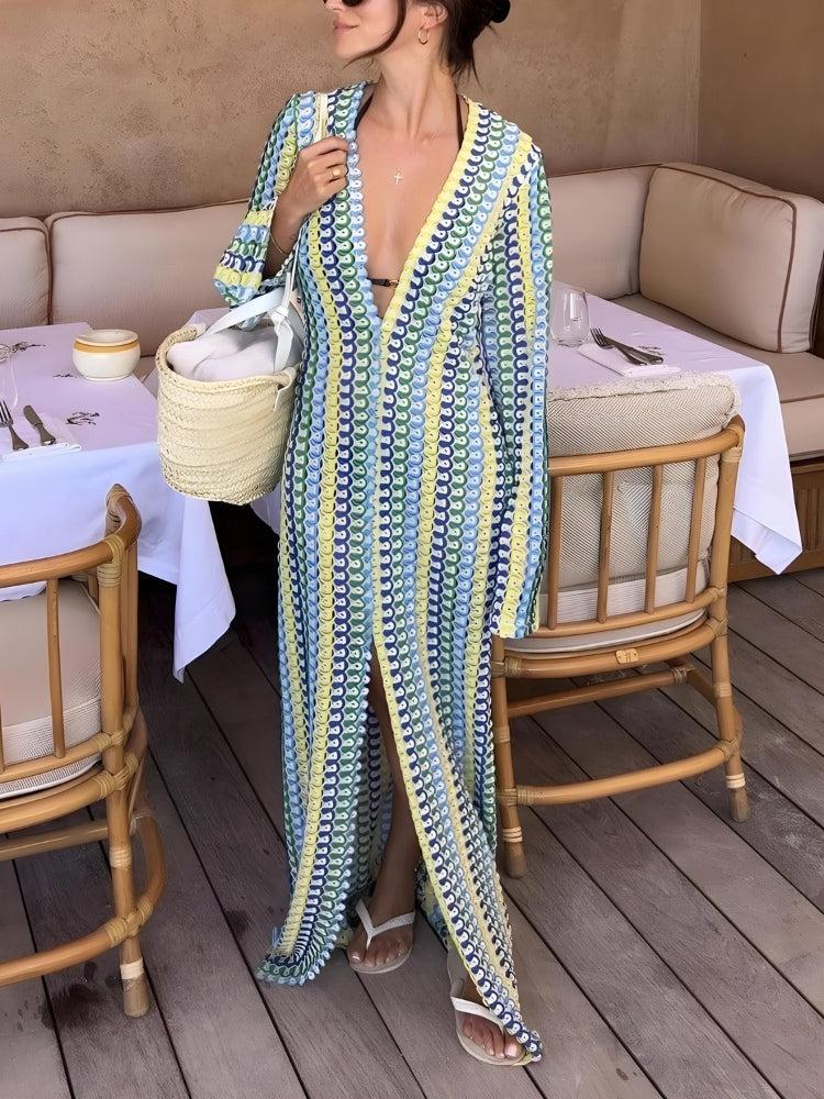 Crochet Stripe Plunge V-Neck Long Sleeve High Slit Maxi Dress