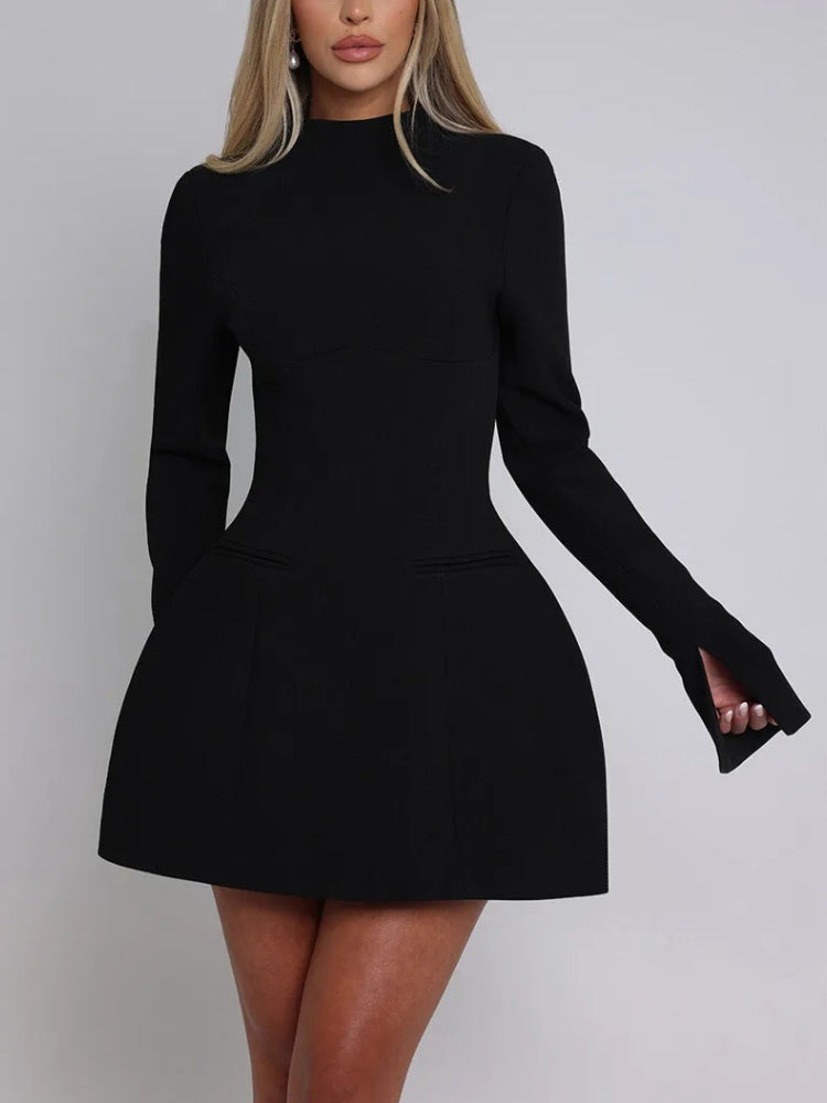 Mock Neck Long Sleeve Circular Cut Out Back Fit and Flare Mini Dress 2
