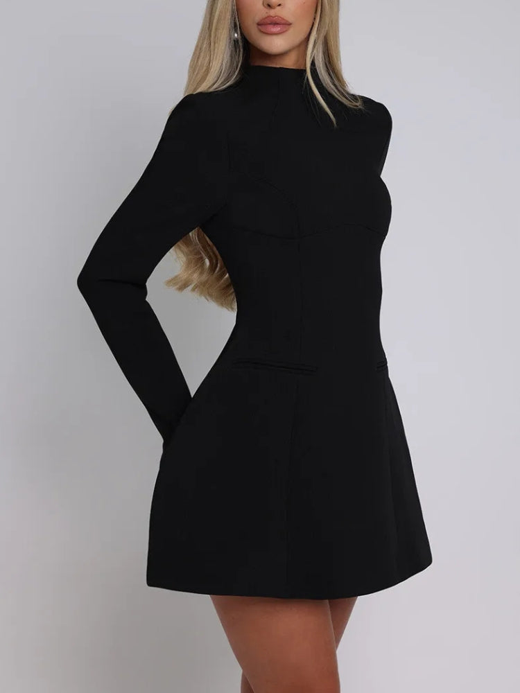 Mock Neck Long Sleeve Circular Cut Out Back Fit and Flare Mini Dress 3