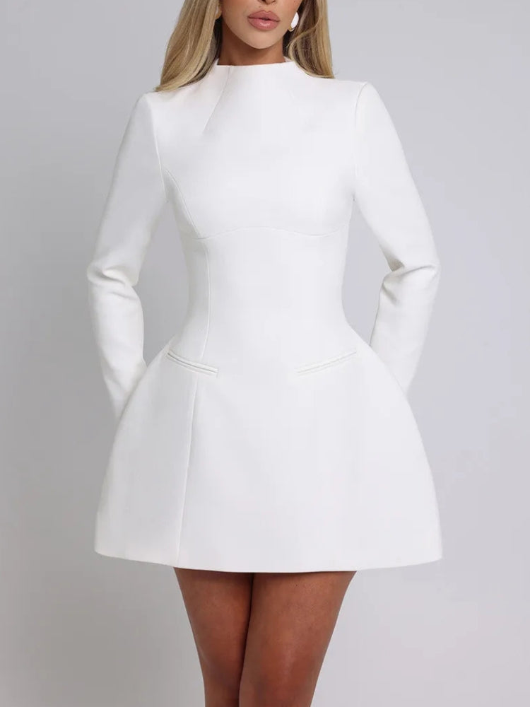 Mock Neck Long Sleeve Circular Cut Out Back Fit and Flare Mini Dress 5