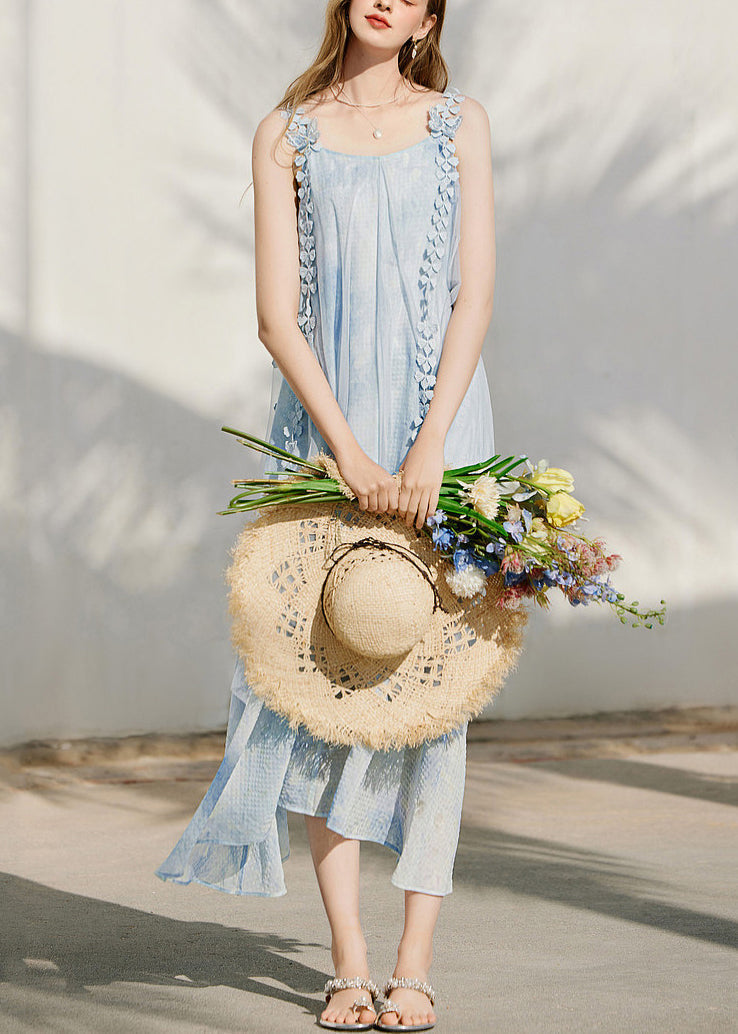 Scoop Neck Lace Trim Armhole Watercolor Print Crinkle Pleat Asymmetric Midi Dress 2