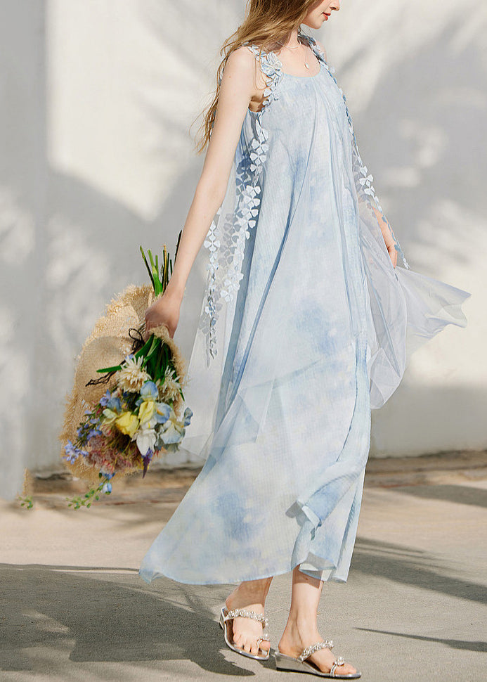 Scoop Neck Lace Trim Armhole Watercolor Print Crinkle Pleat Asymmetric Midi Dress 4