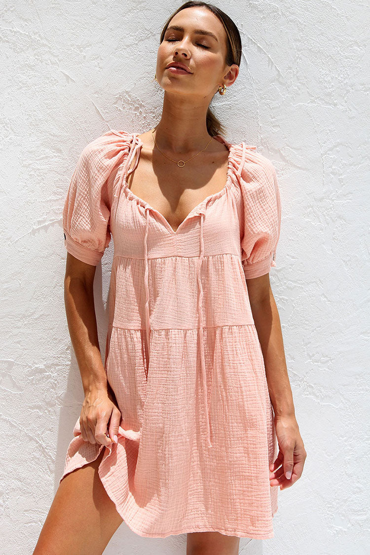 Crinkle Gauze Tie Neck Puff Sleeve Tiered Babydoll Mini Dress 2