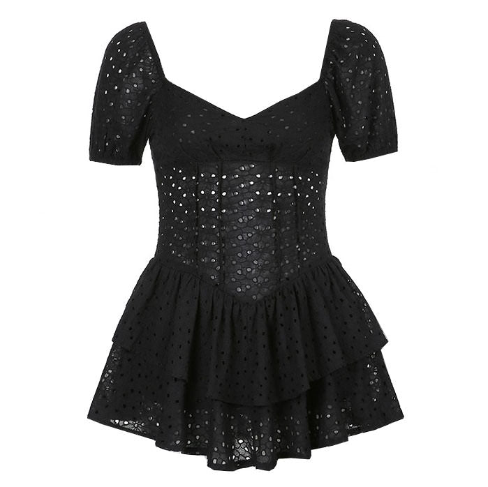 Sweetheart Eyelet Lace Puff Sleeve Corset Tiered Ruffle Mini Dress 3