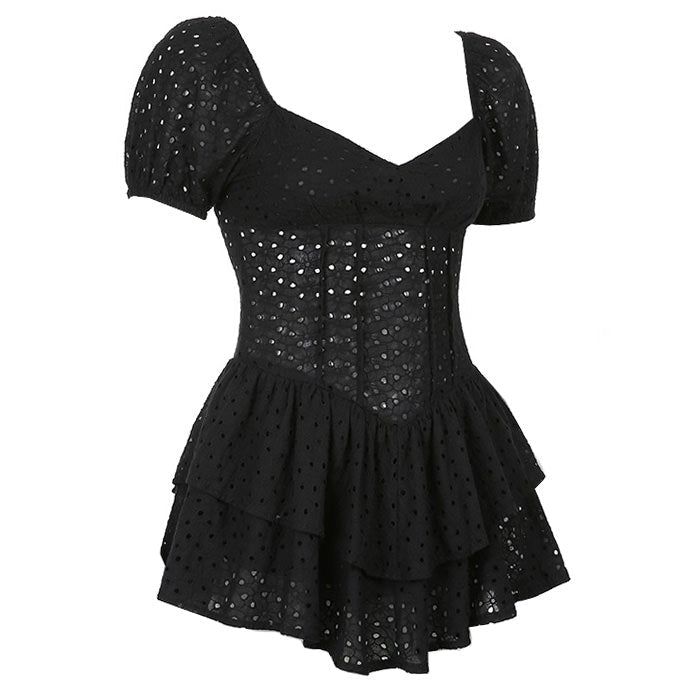 Sweetheart Eyelet Lace Puff Sleeve Corset Tiered Ruffle Mini Dress 4