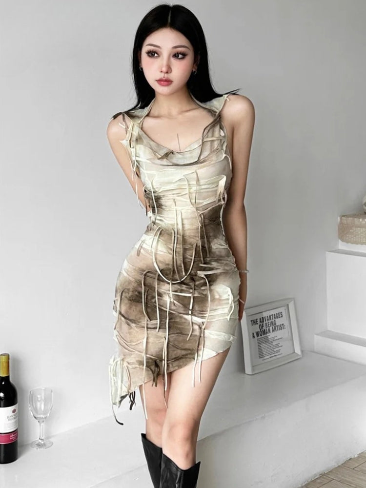 Hooded Bandage Strip Cowl Neck Asymmetrical Hem Bodycon Mini Dress 2