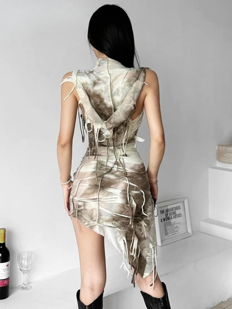 Hooded Bandage Strip Cowl Neck Asymmetrical Hem Bodycon Mini Dress 3