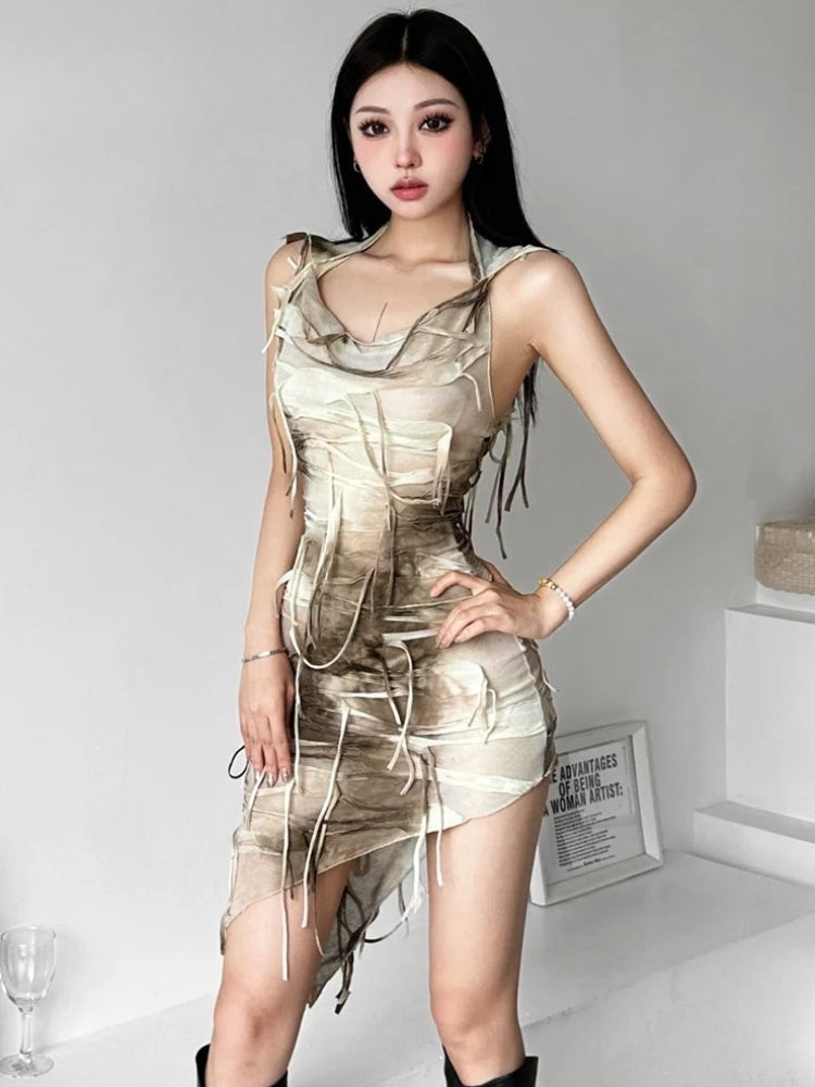 Hooded Bandage Strip Cowl Neck Asymmetrical Hem Bodycon Mini Dress 4