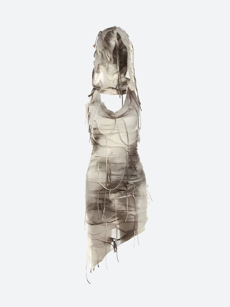 Hooded Bandage Strip Cowl Neck Asymmetrical Hem Bodycon Mini Dress 5