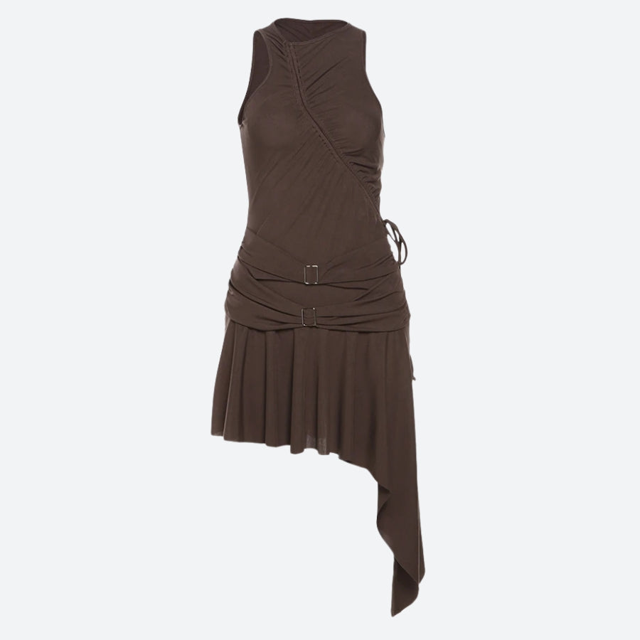 Ruched Buckle Detail Asymmetric Pointed Hem Sleeveless Mini Dress 4
