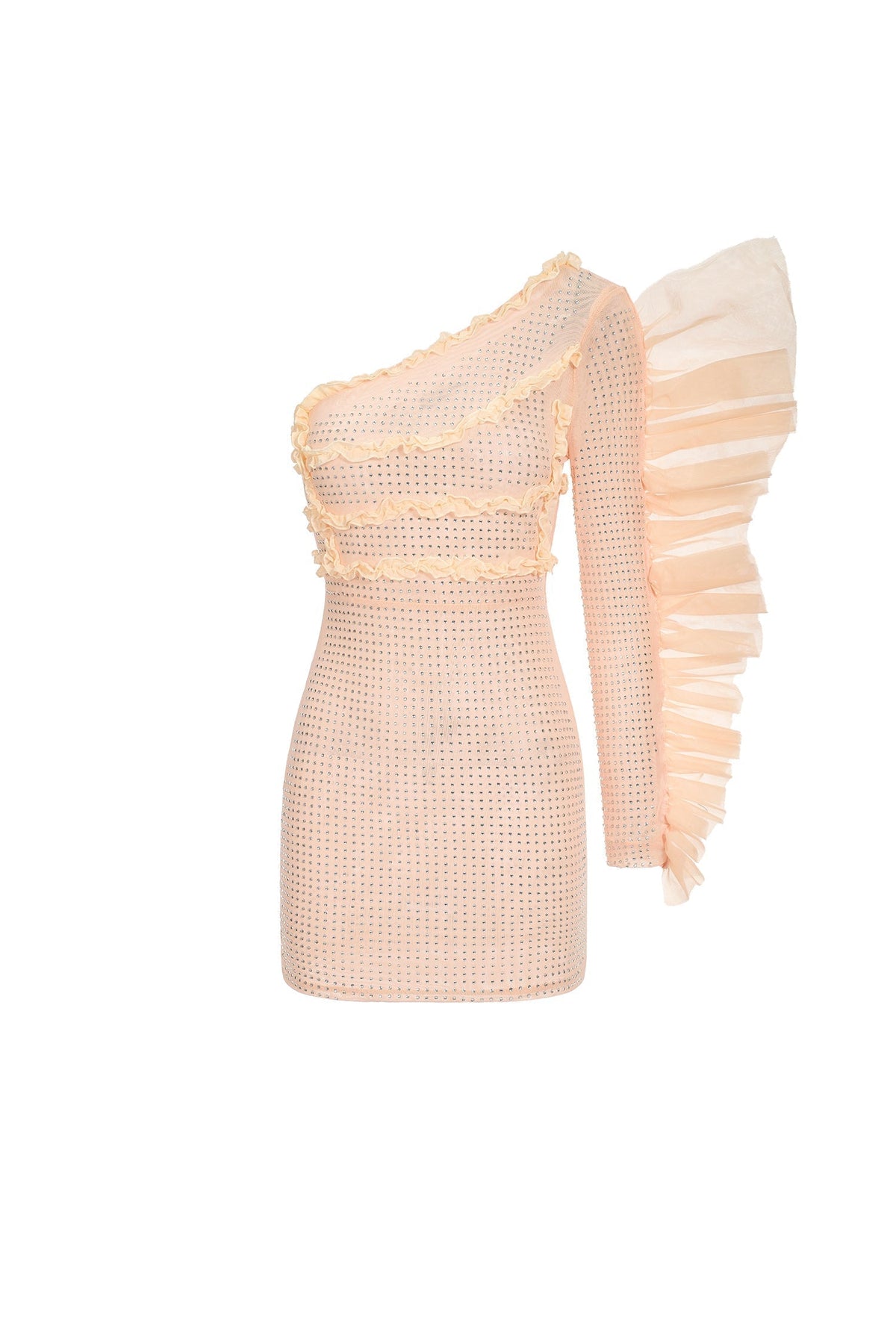 One Shoulder Rhinestone Grid Tiered Ruffle Sleeve Mini Dress