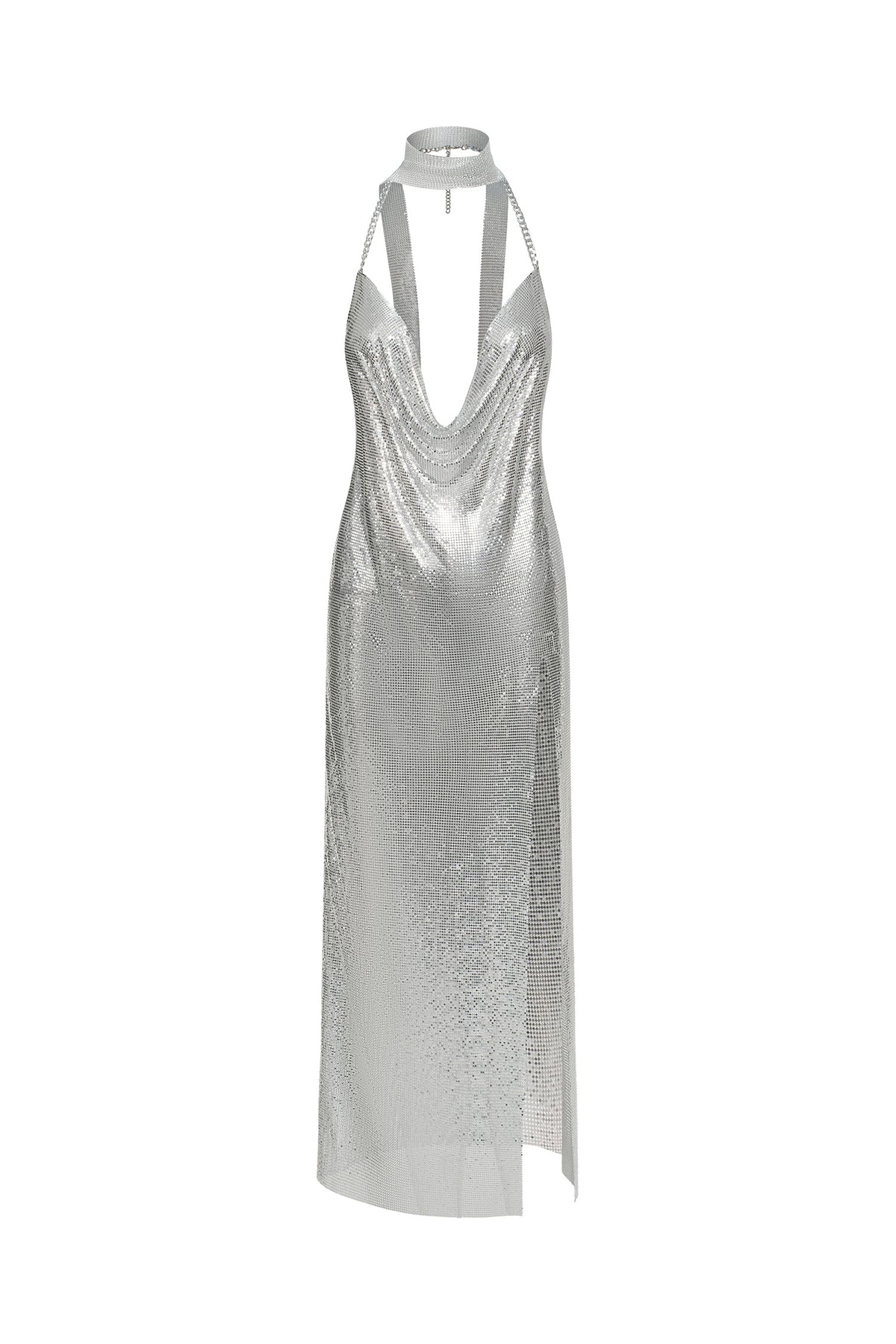 Halter Cowl Neck Choker Chainmail Mesh Side Slit Column Maxi Gown