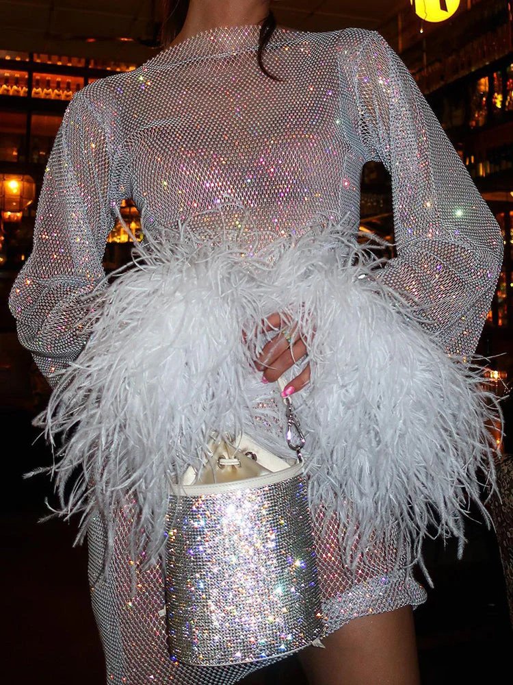 Sequin Mesh Mock Neck Feather Cuff Bell Sleeve Mini Dress 2