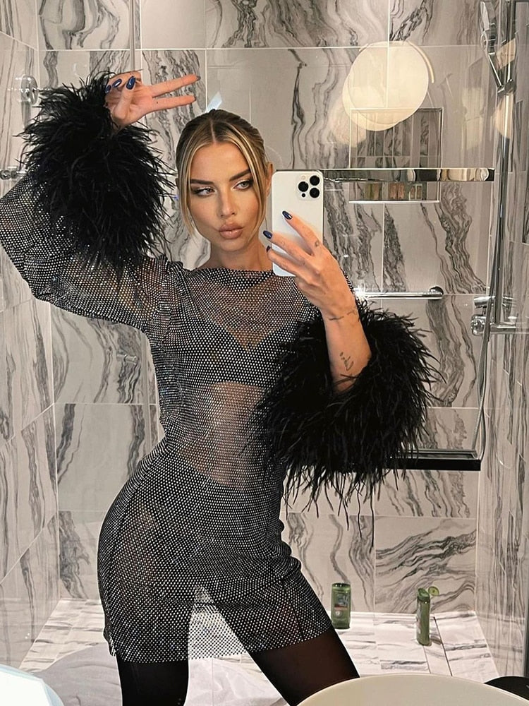 Sequin Mesh Mock Neck Feather Cuff Bell Sleeve Mini Dress 3