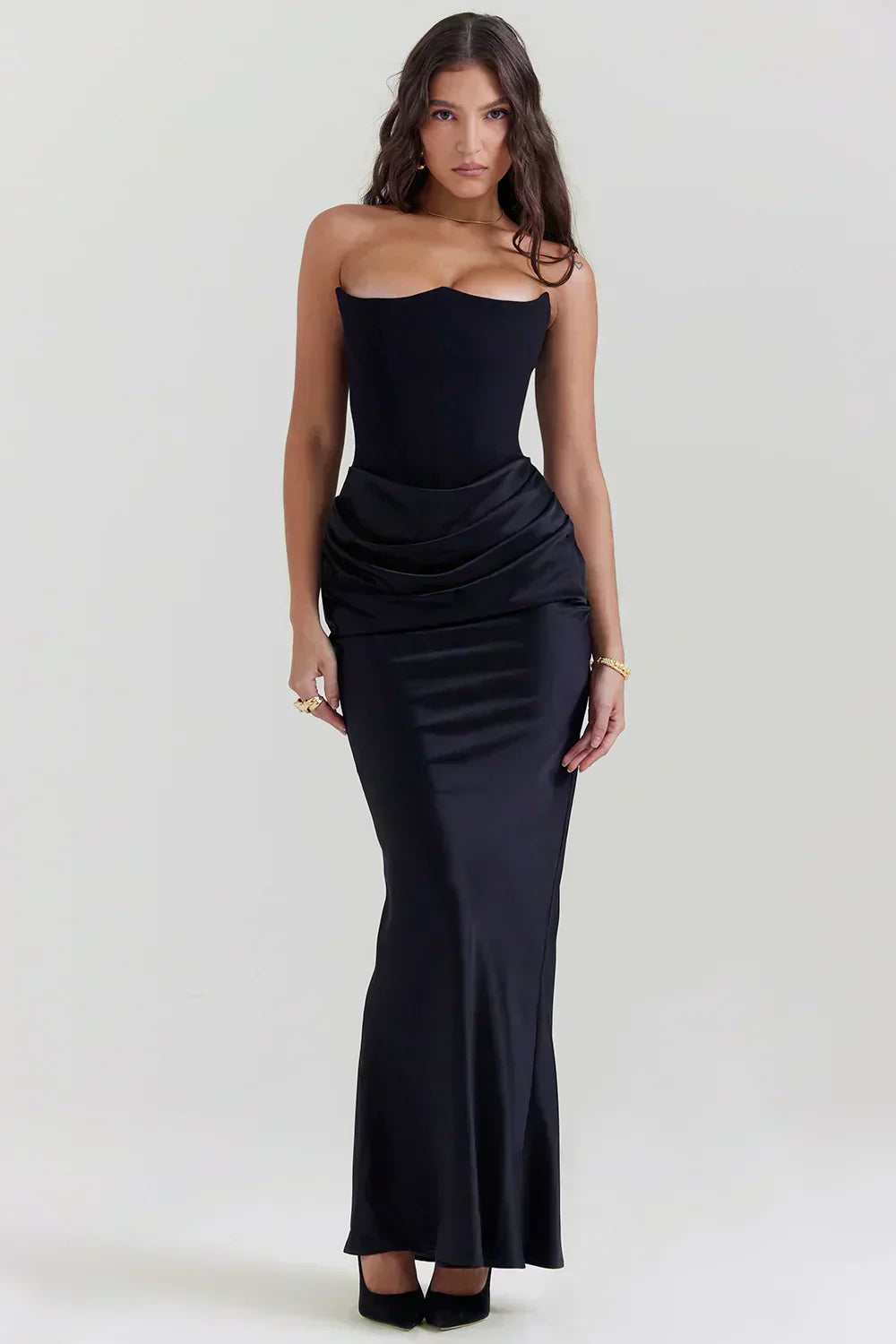 Strapless Pointed Neckline Hip Ruched Column Maxi Gown 7