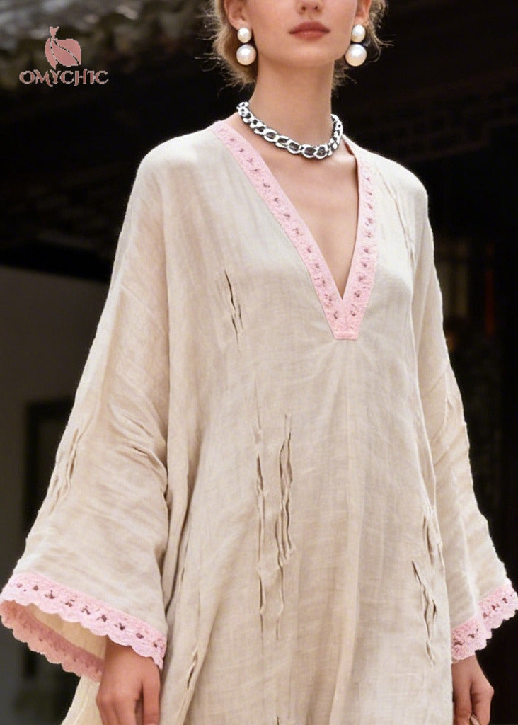Deep V-Neck Crochet Lace Trim Distressed Shredded Bell Sleeve Maxi Kaftan Dress 2