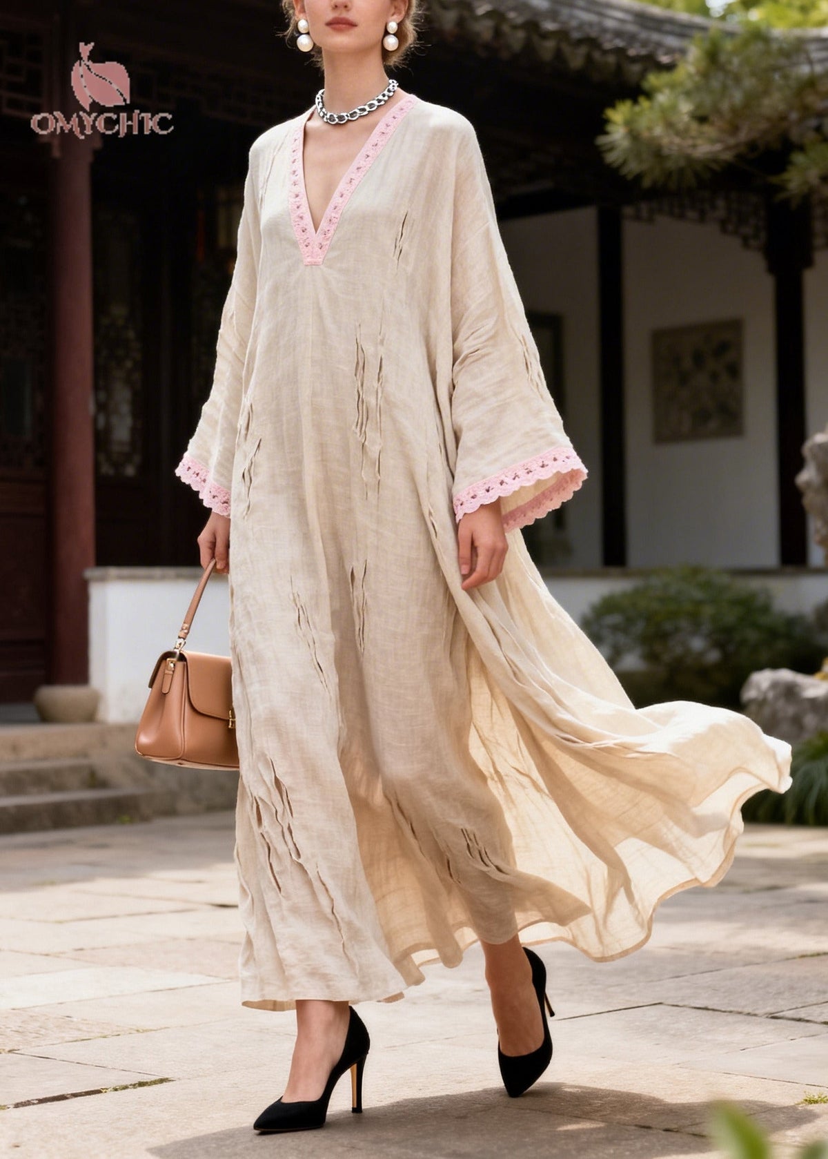 Deep V-Neck Crochet Lace Trim Distressed Shredded Bell Sleeve Maxi Kaftan Dress 3