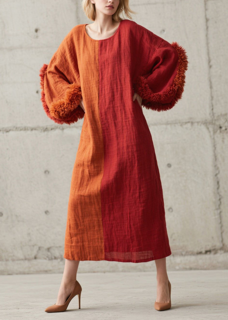 Split Panel Oversized Bell Sleeve Faux Fur Cuff Midi Dress 3