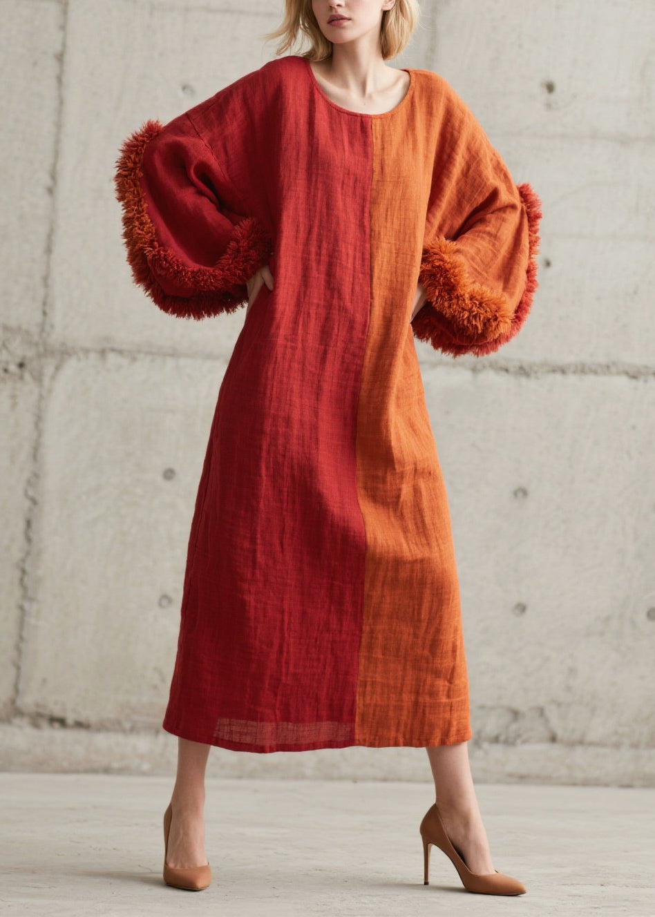 Split Panel Oversized Bell Sleeve Faux Fur Cuff Midi Dress 5