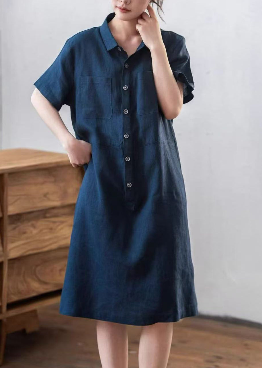 Point Collar Button Down Patch Pocket Oversized Linen Shirt Midi Dress
