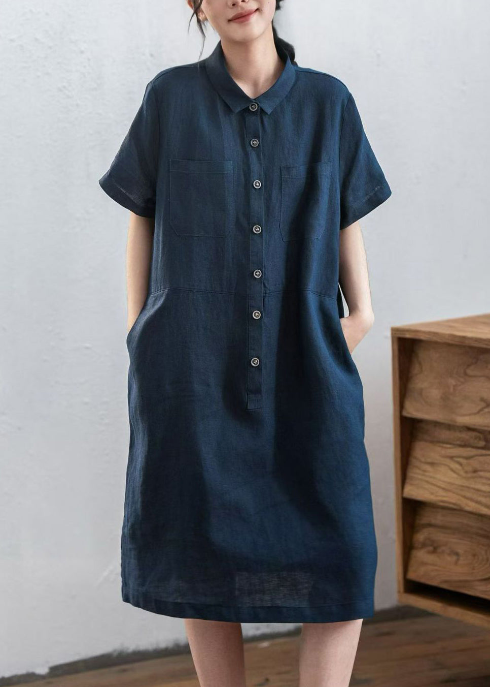Point Collar Button Down Patch Pocket Oversized Linen Shirt Midi Dress 2