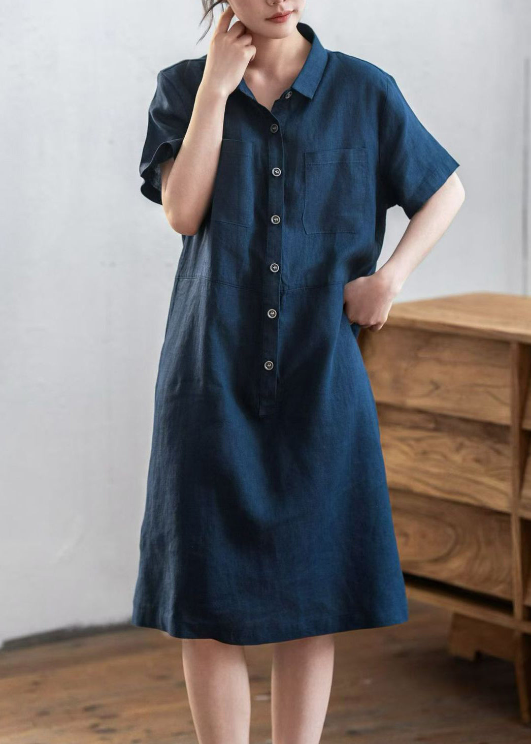 Point Collar Button Down Patch Pocket Oversized Linen Shirt Midi Dress 3