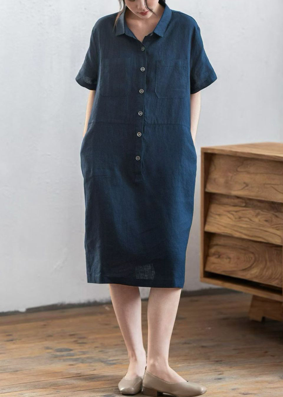 Point Collar Button Down Patch Pocket Oversized Linen Shirt Midi Dress 4
