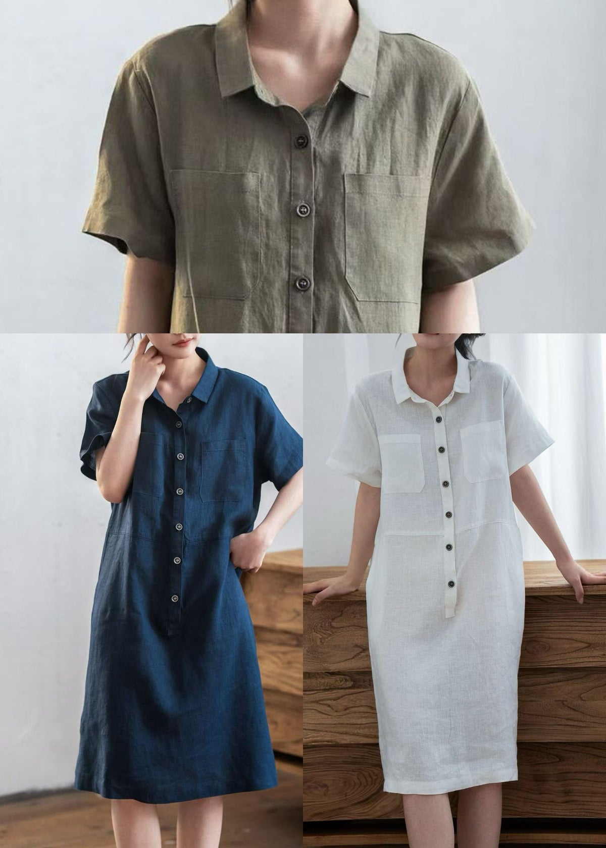 Point Collar Button Down Patch Pocket Oversized Linen Shirt Midi Dress 5