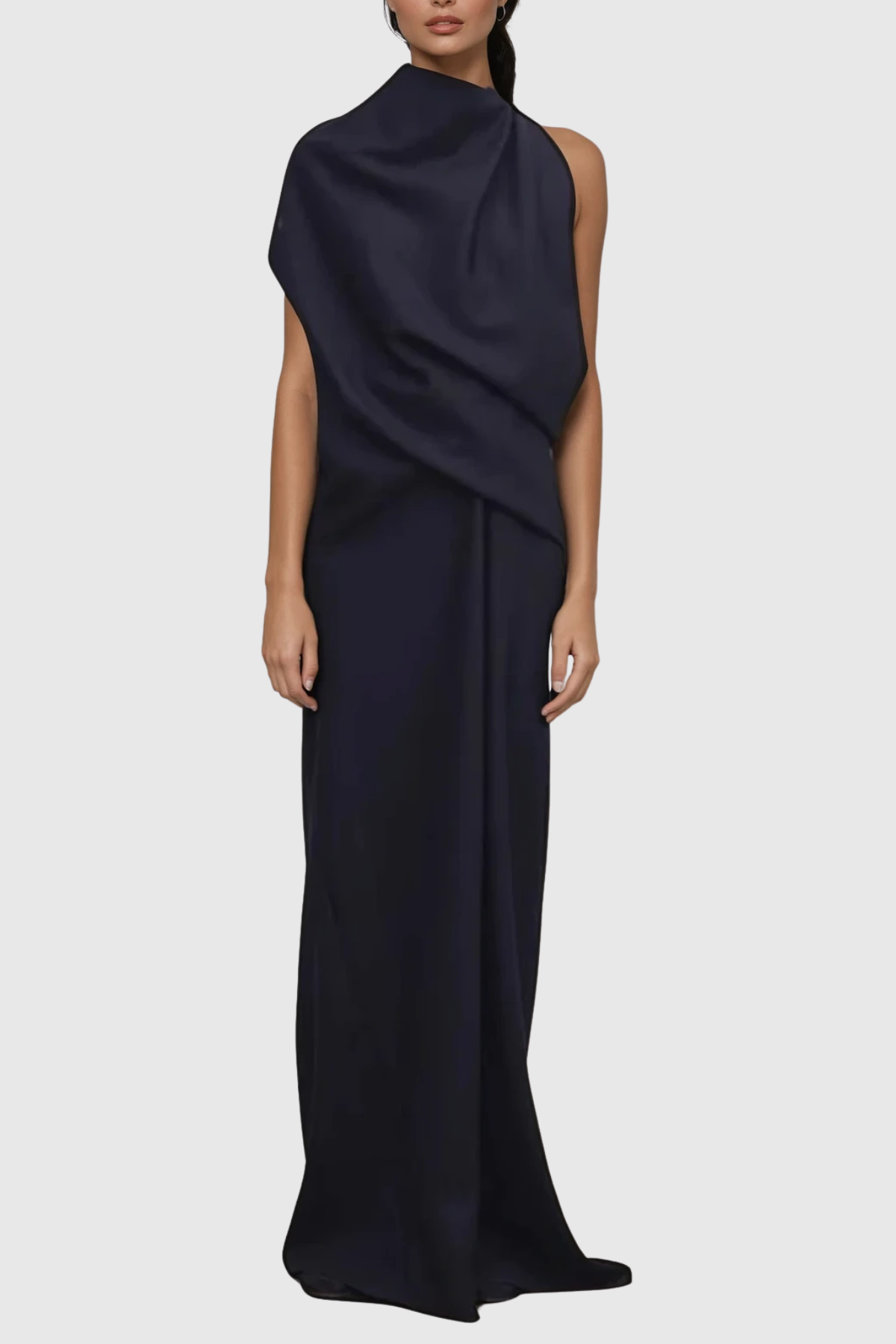 High Neck Asymmetric Draped Fold Satin Column Maxi Dress