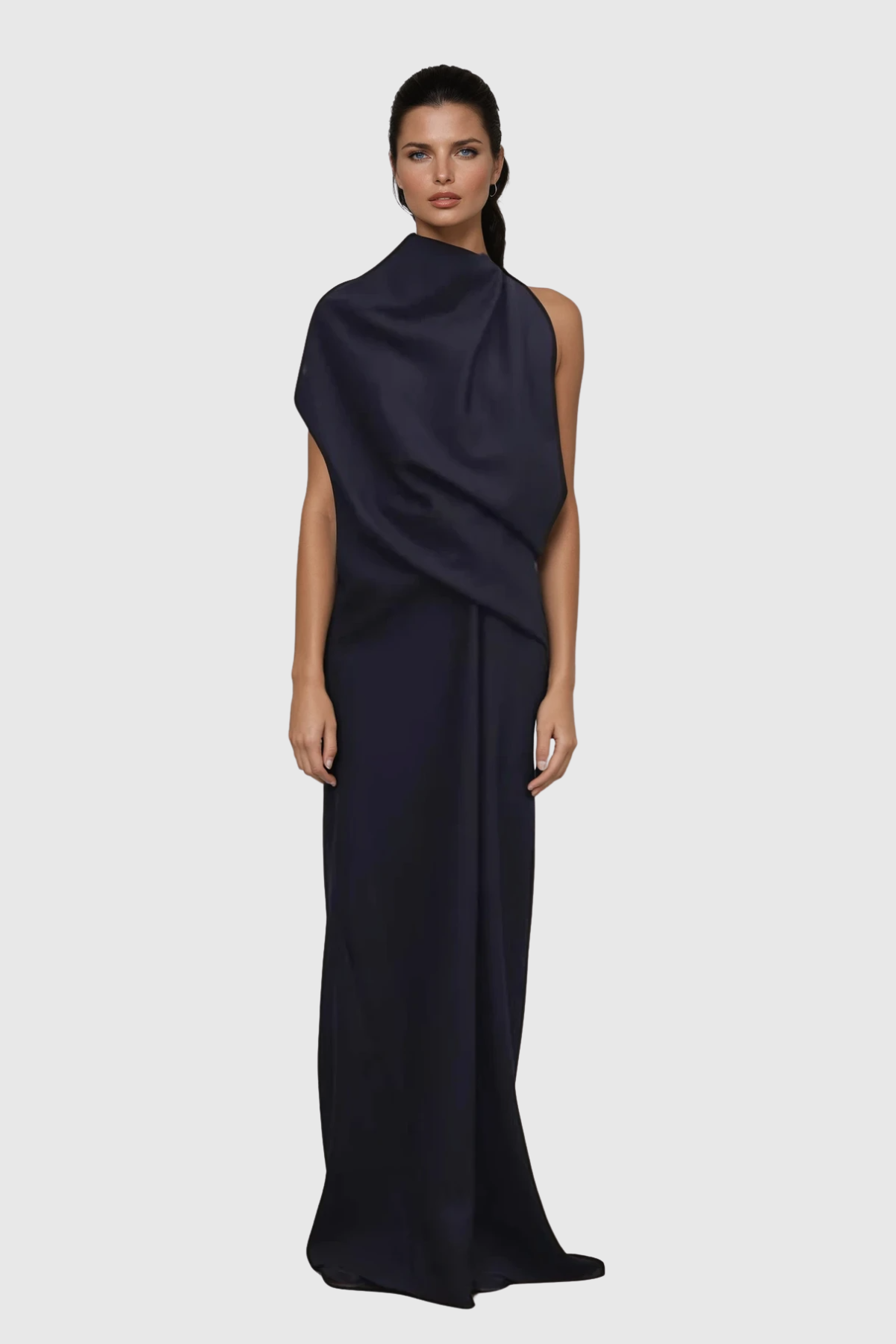 High Neck Asymmetric Draped Fold Satin Column Maxi Dress 2