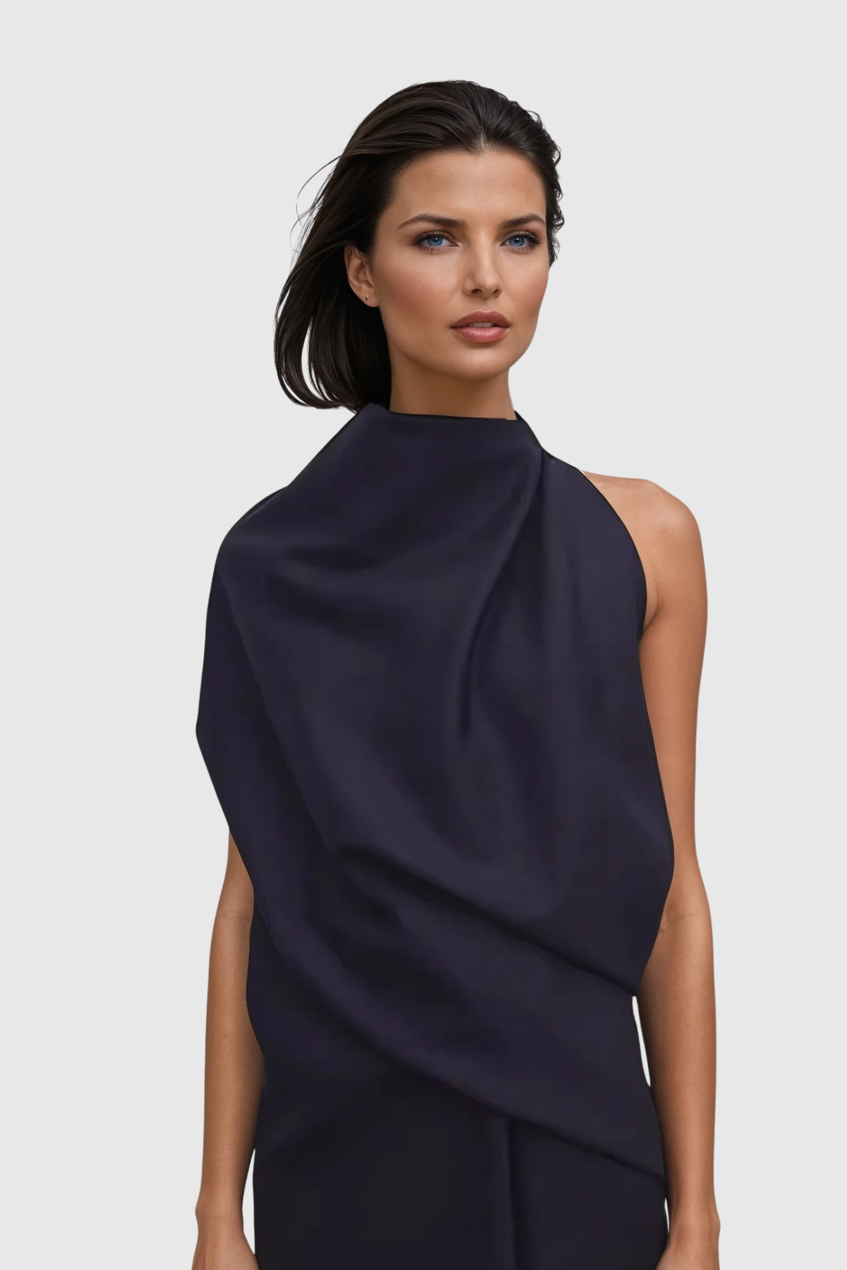 High Neck Asymmetric Draped Fold Satin Column Maxi Dress 3