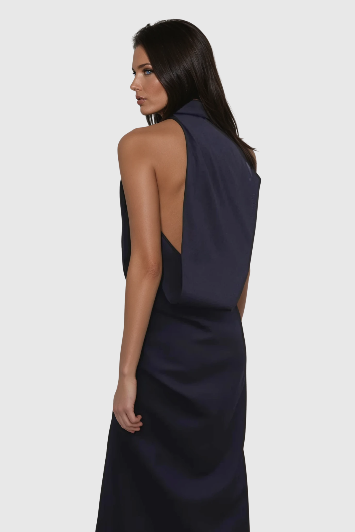 High Neck Asymmetric Draped Fold Satin Column Maxi Dress 4