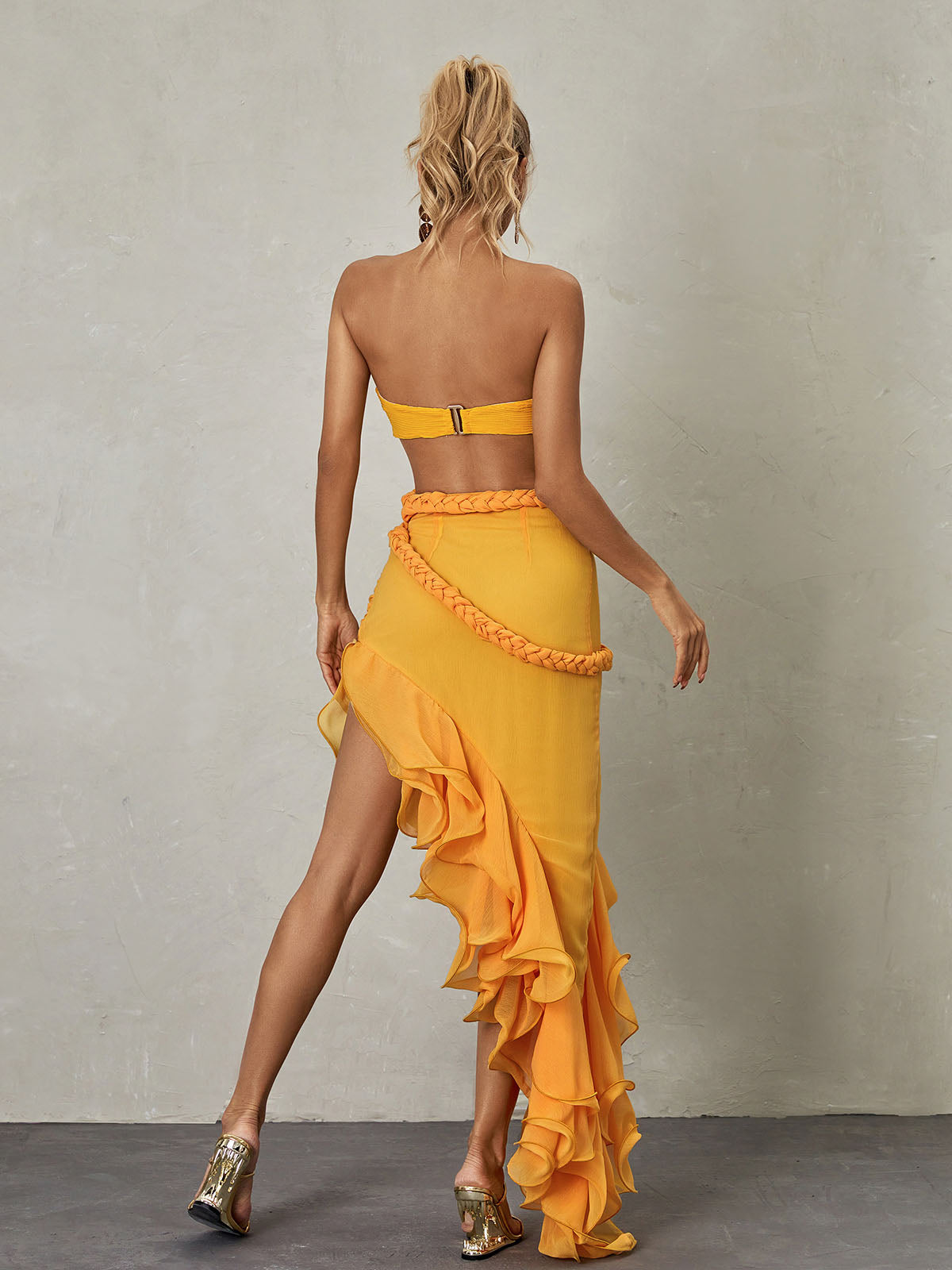 Strapless Wrap Cutout Braided Rope Asymmetric Cascading Tier Maxi Dress 5