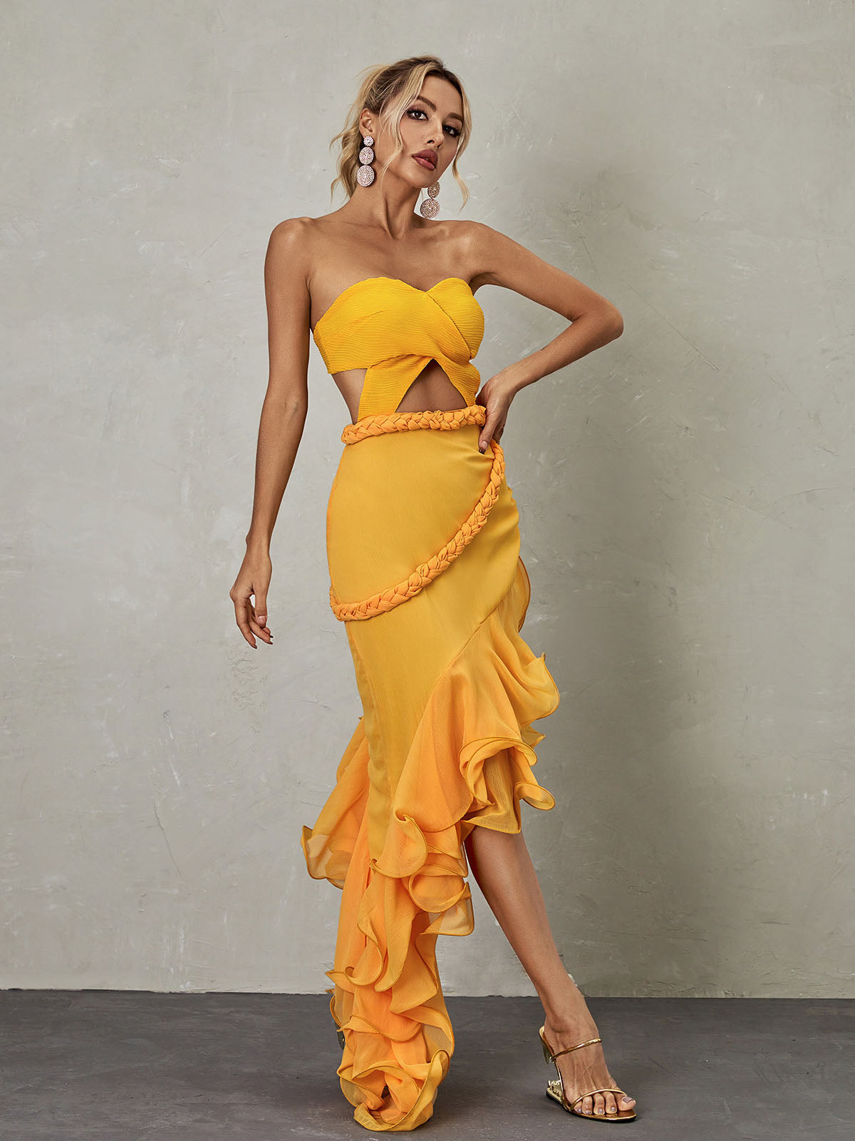 Strapless Wrap Cutout Braided Rope Asymmetric Cascading Tier Maxi Dress 3