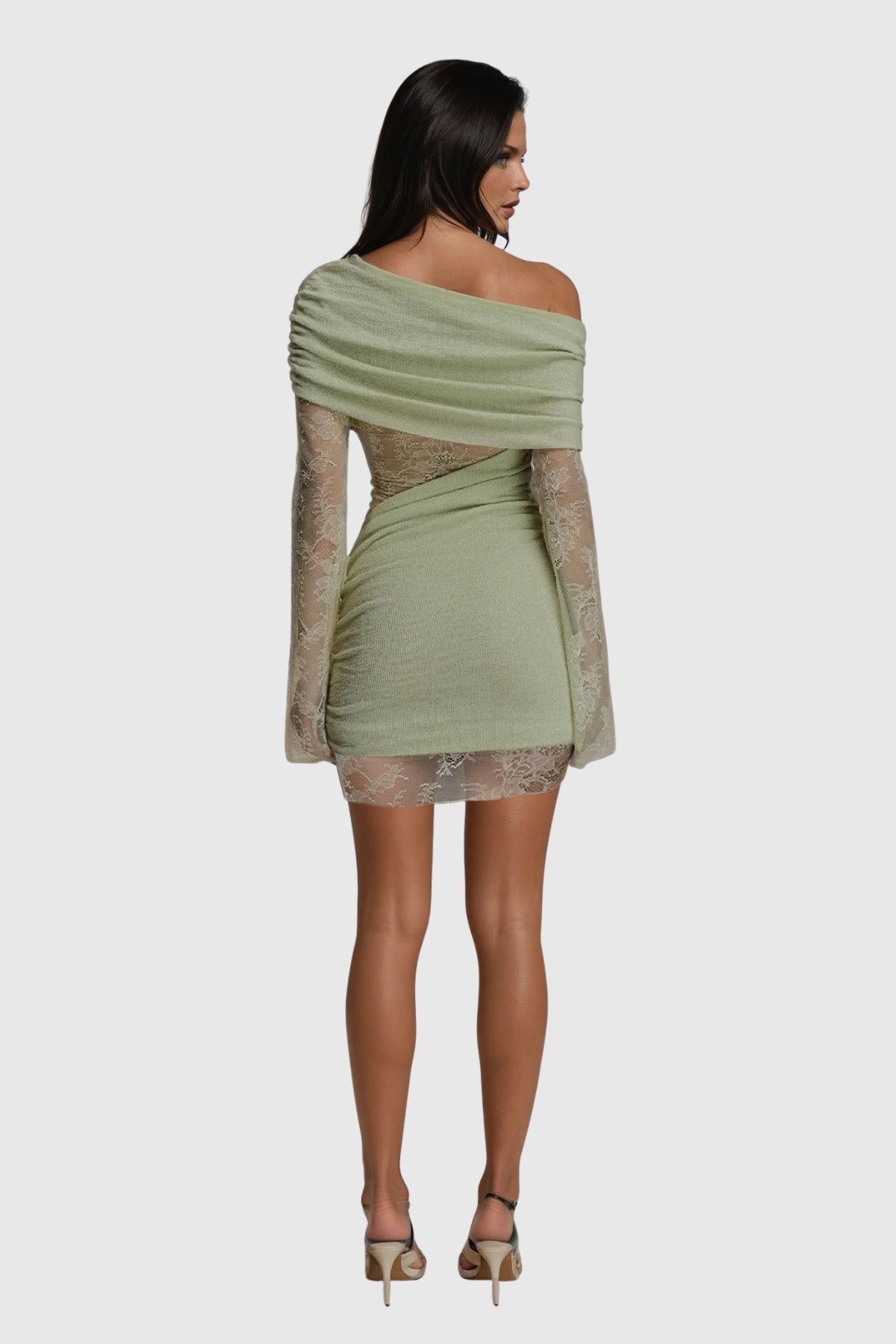 Off Shoulder One Shoulder Ruched Lace Sleeve Diagonal Cutout Mini Dress 3