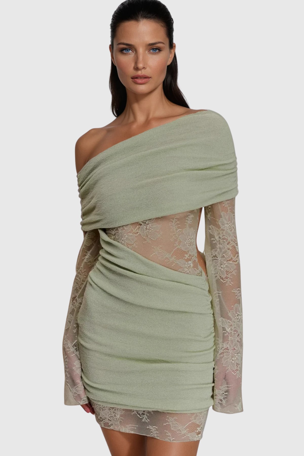 Off Shoulder One Shoulder Ruched Lace Sleeve Diagonal Cutout Mini Dress 4