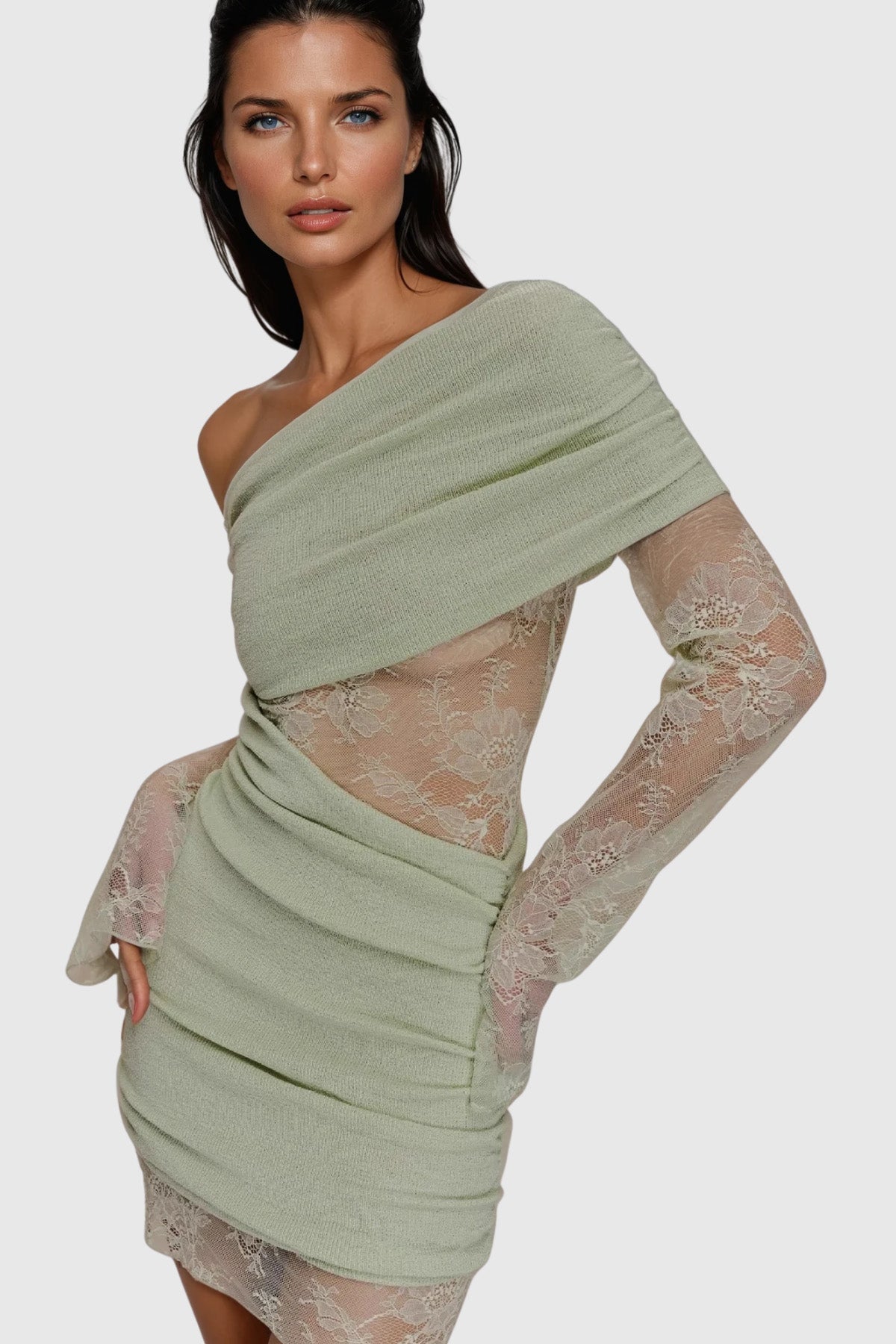 Off Shoulder One Shoulder Ruched Lace Sleeve Diagonal Cutout Mini Dress 6