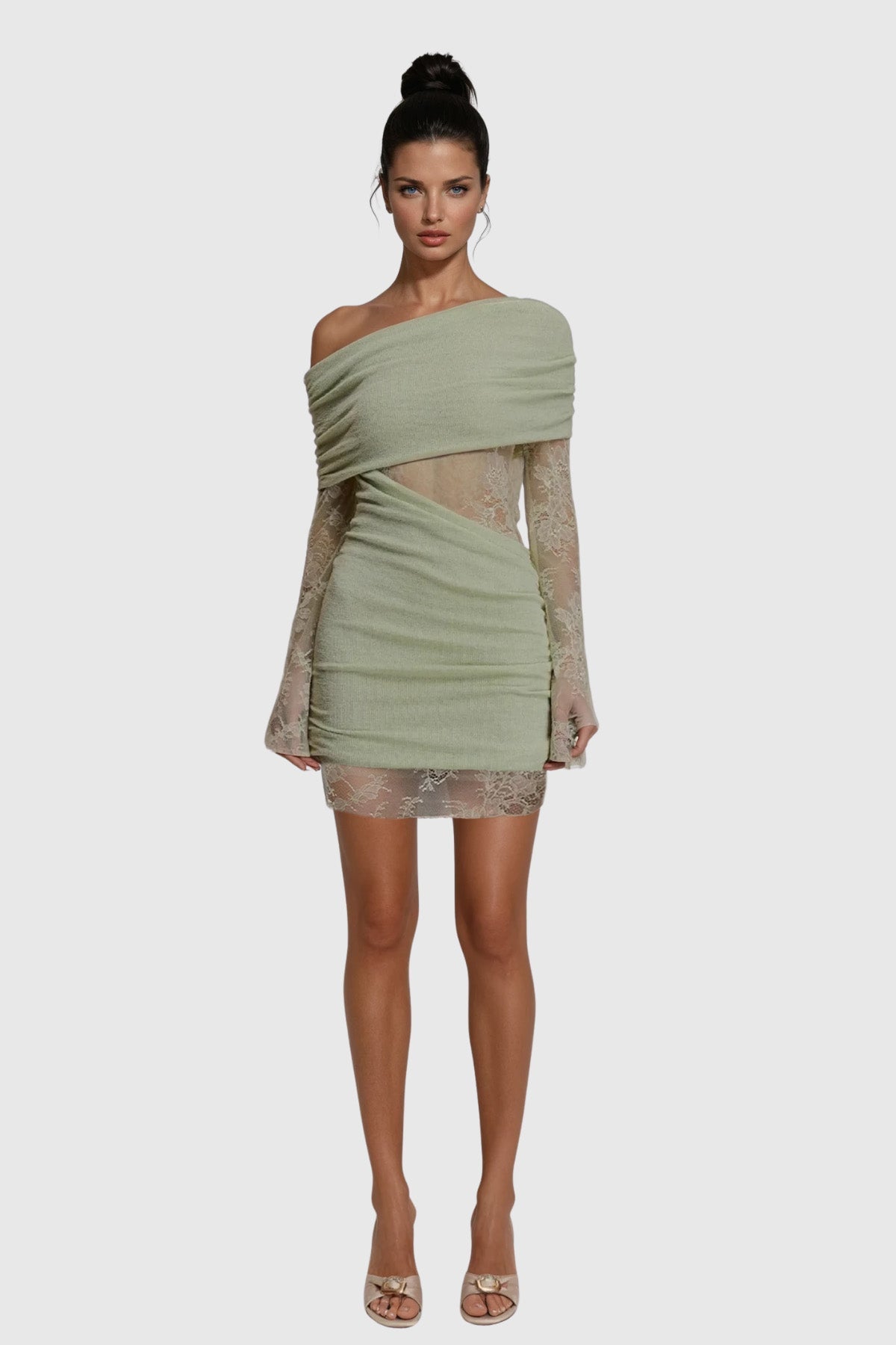 Off Shoulder One Shoulder Ruched Lace Sleeve Diagonal Cutout Mini Dress 2
